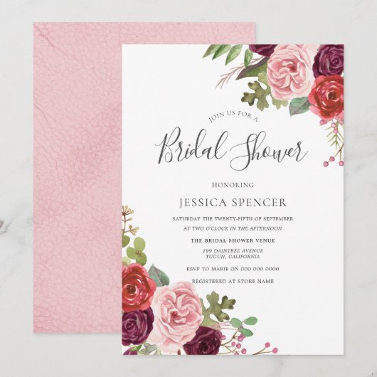 Blush Pink Burgundy Floral Vrijgezellenfeest Invit Kaart (Voorkant / Achterkant)