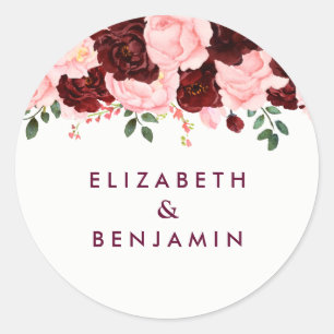 Blush Pink & Burgundy Floral Waterverf Weddenschap Ronde Sticker