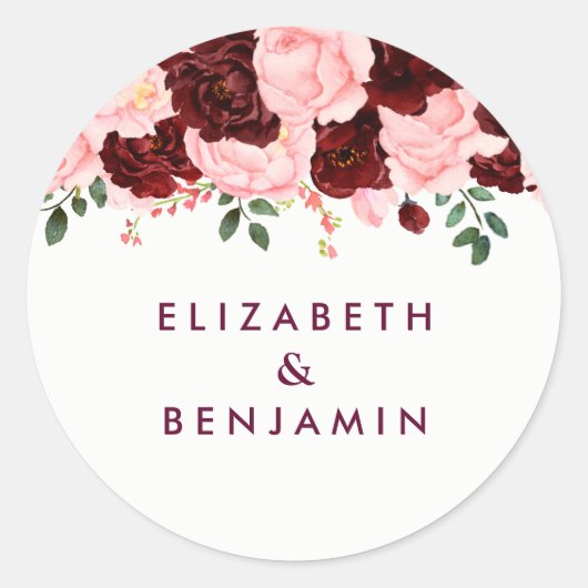 Blush Pink & Burgundy Floral Waterverf Weddenschap Ronde Sticker (Voorkant)