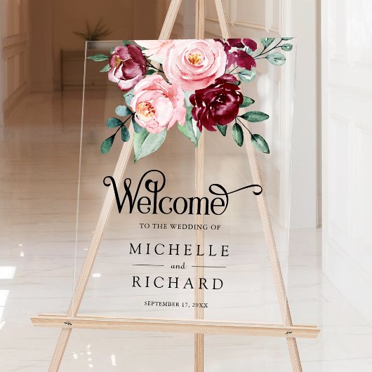 Blush Pink Burgundy Floral Wedding Welcome Acryl Bord