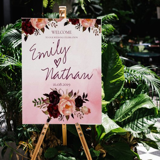Blush Pink Burgundy Floral Wedding WelkomstPoster Poster