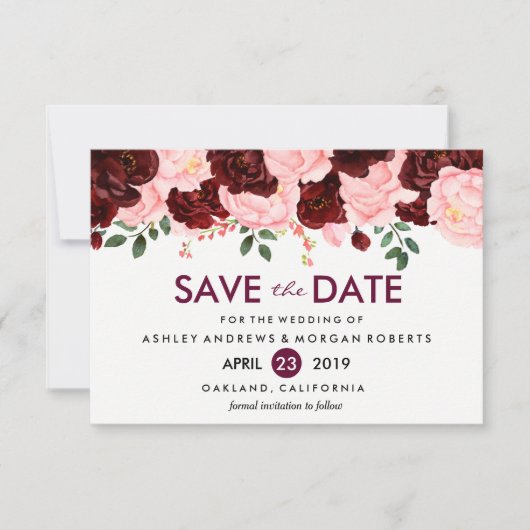 Blush Pink Burgundy Flowers die de datum bewaren Save The Date (Voorkant)