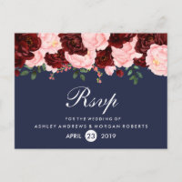 Blush Pink Burgundy Flowers Navy Blue Wedding RSVP