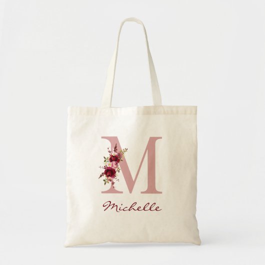 Blush Pink Burgundy Letter M Floral Tote Bag (Voorkant)