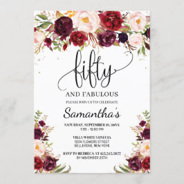 Blush pink burgundy marsala floral 50th jarig kaart