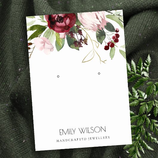 BLUSH PINK BURGUNDY PROTEA FLORAL EARRING DISPLAY VISITEKAARTJE