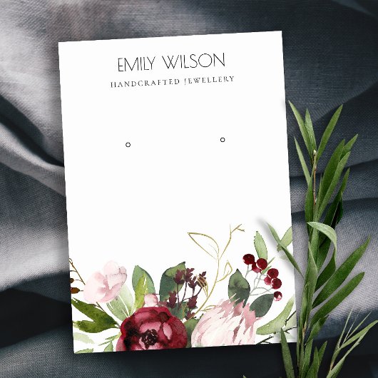 BLUSH PINK BURGUNDY PROTEA FLORAL EARRING DISPLAY VISITEKAARTJE