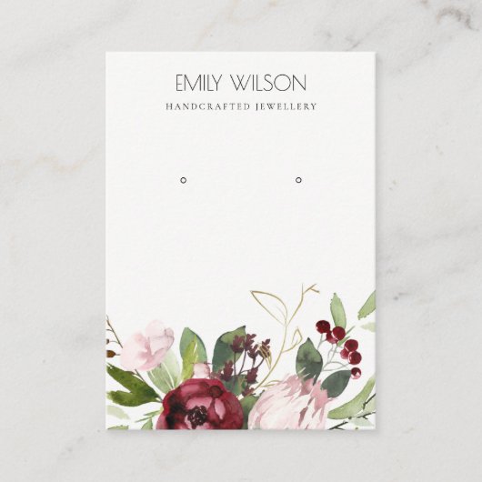 BLUSH PINK BURGUNDY PROTEA FLORAL EARRING DISPLAY VISITEKAARTJE (Voorkant)