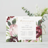 BLUSH PINK BURGUNDY PROTEA FLORAL REHEARSAL DINNER KAART (Staand voorkant)