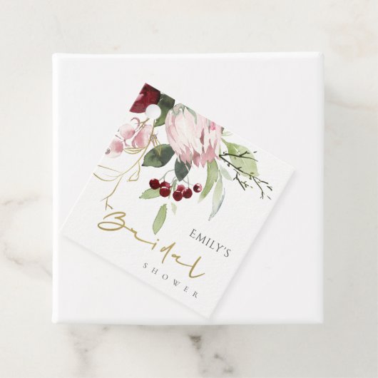 BLUSH PINK BURGUNDY PROTEA FLORAL VRIJGEZELLENFEES BEDANKJES LABELS (In situ)