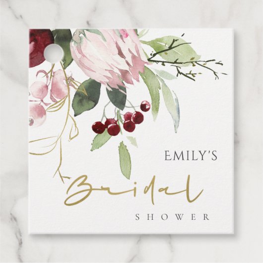 BLUSH PINK BURGUNDY PROTEA FLORAL VRIJGEZELLENFEES BEDANKJES LABELS (Voorkant)