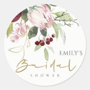 BLUSH PINK BURGUNDY PROTEA FLORAL VRIJGEZELLENFEES RONDE STICKER