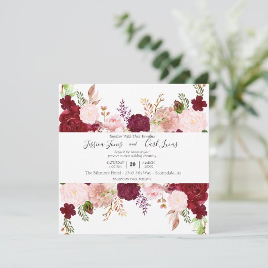 Blush Pink Burgundy Waterverf Floral Square Kaart (Staand voorkant)