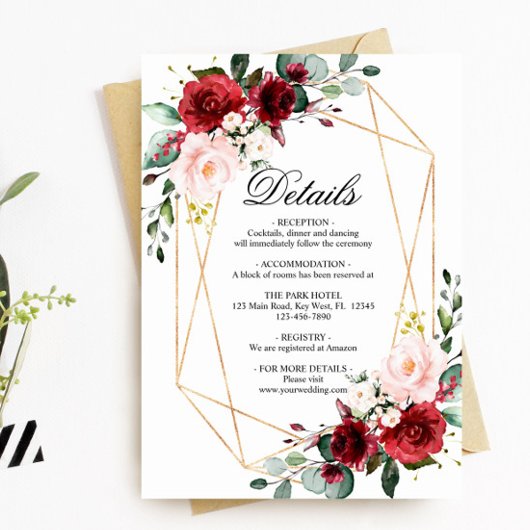 Blush Pink & Burgundy Weddenschap - Besluiting Informatiekaartje