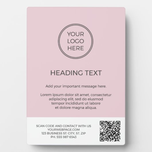 Blush Pink Business Logo QR Code Sign Plaque Fotoplaat (voorkant)
