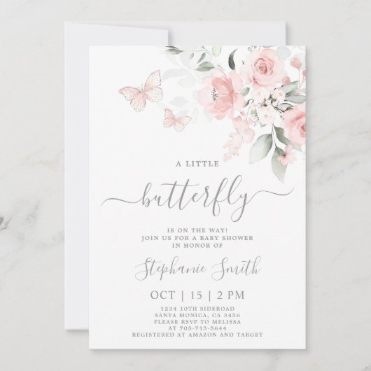 Blush Pink Butterfly Baby shower Meisje Invitation Kaart (Voorkant)