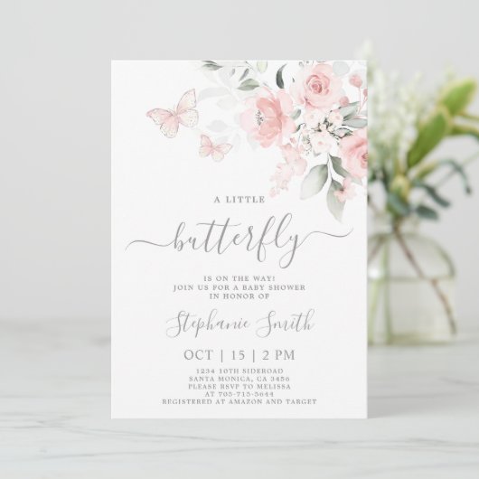 Blush Pink Butterfly Baby shower Meisje Invitation Kaart (Staand voorkant)