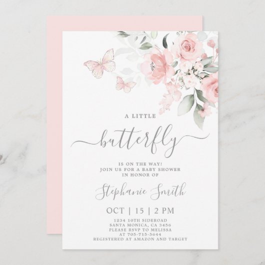 Blush Pink Butterfly Baby shower Meisje Invitation Kaart (Voorkant / Achterkant)