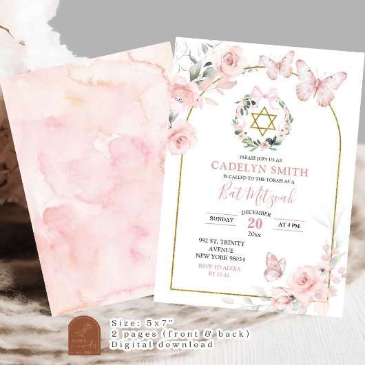 Blush Pink Butterfly Bat Mitzvah Floral Kaart