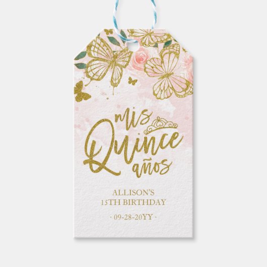 Blush Pink Butterfly Floral Quinceanera Party Cadeaulabel (Voorkant)