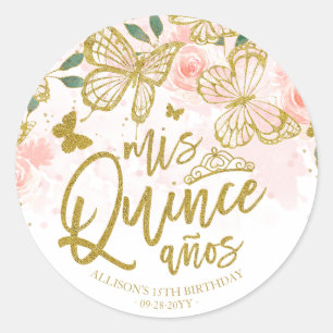 Blush Pink Butterfly Floral Quinceanera Party Ronde Sticker