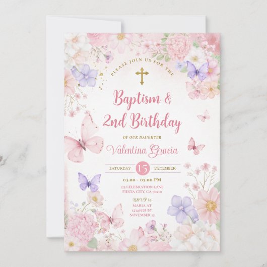 Blush Pink Butterfly Girl 2nd Birthday Baptism Kaart (Voorkant)