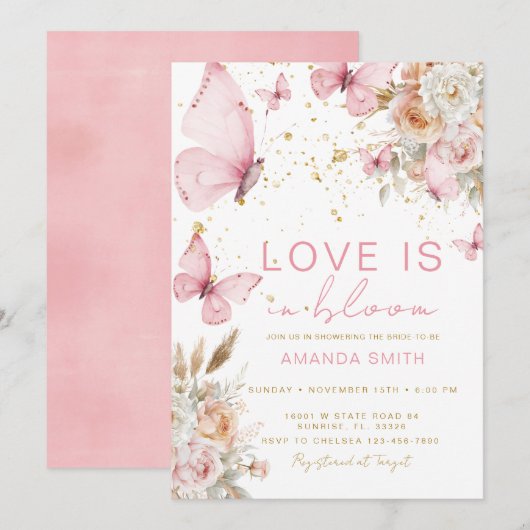 Blush Pink Butterfly Loves in Bloom Vrijgezellenfe Kaart (Voorkant / Achterkant)