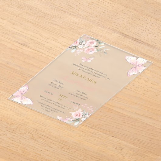 Blush Pink butterlfly Quinceanera invitation Acryl Uitnodigingen (Laagn)