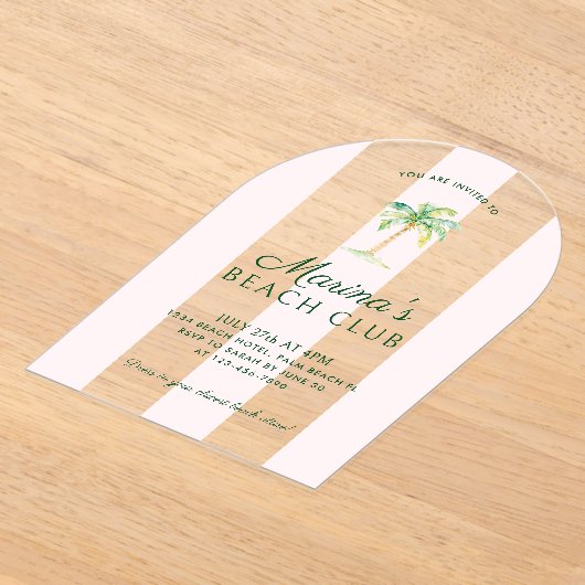 Blush Pink Cabana Stripes Beach Club Verjaardagsbo Acryl Uitnodigingen (Laagn)