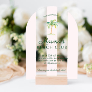 Blush Pink Cabana Stripes Beach Club Verjaardagsbo Acryl Uitnodigingen