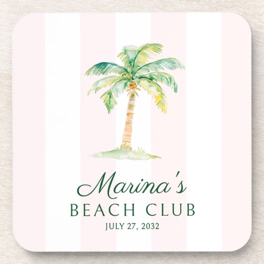 Blush Pink Cabana Stripes Palm Beach Club Birthday Bier Onderzetter (Voorkant)