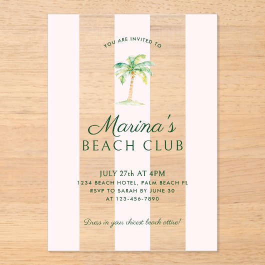 Blush Pink Cabana Stripes Palm Beach Club Verjaard Acryl Uitnodigingen (Voorkant)