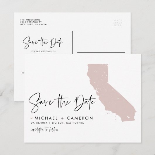 Blush Pink California Map Script Save the Date Aankondigingskaart (Voorkant / Achterkant)