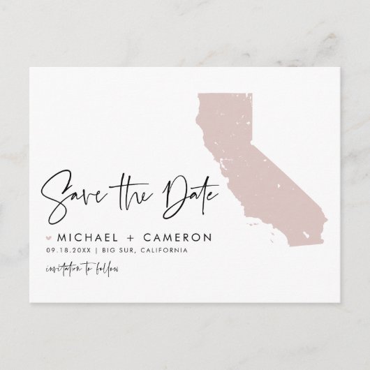 Blush Pink California Map Script Save the Date Aankondigingskaart (Voorkant)