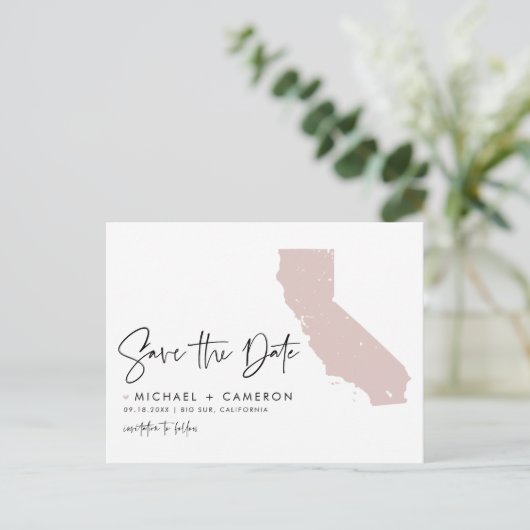 Blush Pink California Map Script Save the Date Aankondigingskaart (Staand voorkant)