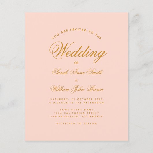 Blush Pink Calligraphy Budget Wedding Invitation (Voorkant)