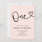 Blush Pink Calligraphy Hart 1e verjaardag Kaart (Voorkant)