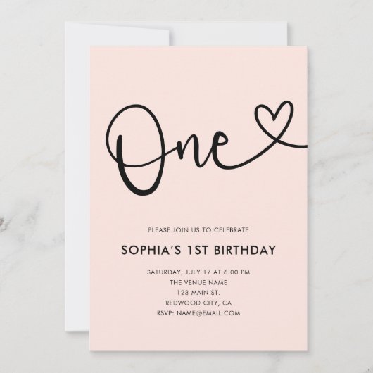 Blush Pink Calligraphy Hart 1e verjaardag Kaart (Voorkant)