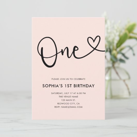 Blush Pink Calligraphy Hart 1e verjaardag Kaart (Staand voorkant)