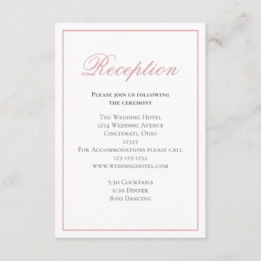 Blush Pink Calligraphy Script Receptie RSVP Informatiekaartje (Voorkant)