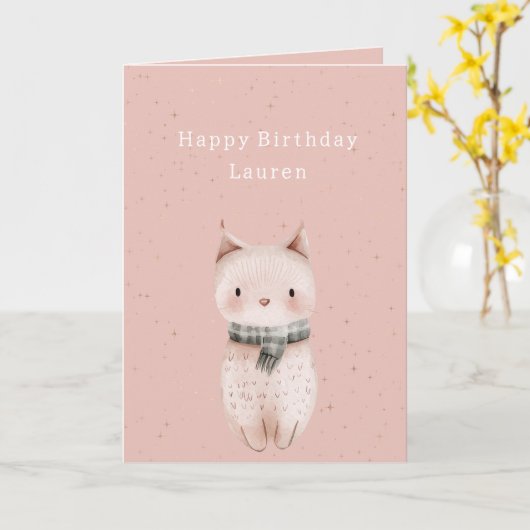 Blush Pink Cat Verjaardag Kaart (Gele Bloem)