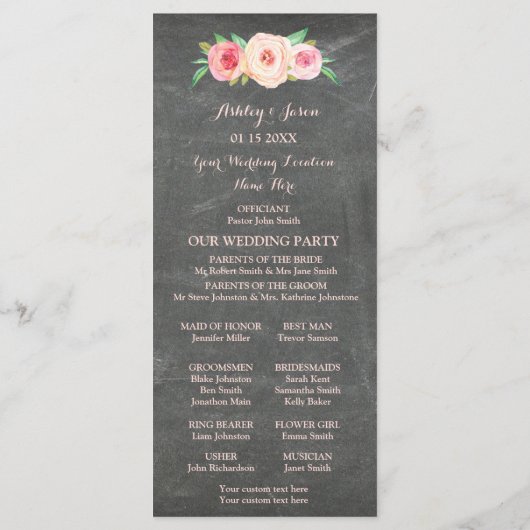 Blush Pink Chalkboard Bloemen Trouwprogramma Programmakaart (Achterkant)