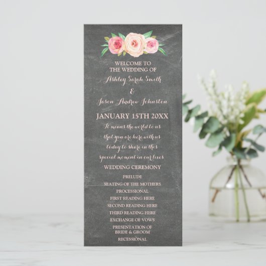 Blush Pink Chalkboard Bloemen Trouwprogramma Programmakaart (Staand voorkant)