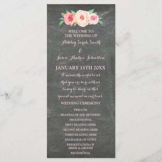 Blush Pink Chalkboard Bloemen Trouwprogramma Programmakaart (Voorkant)