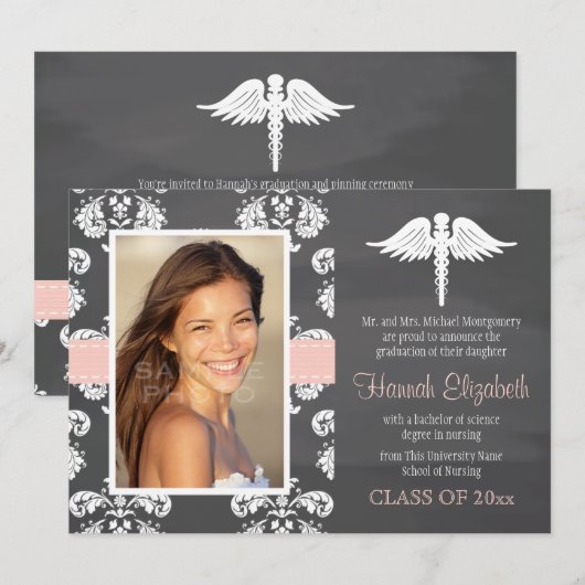 Blush Pink Chalkboard Verpleegschool Afstuderen Kaart (Voorkant / Achterkant)