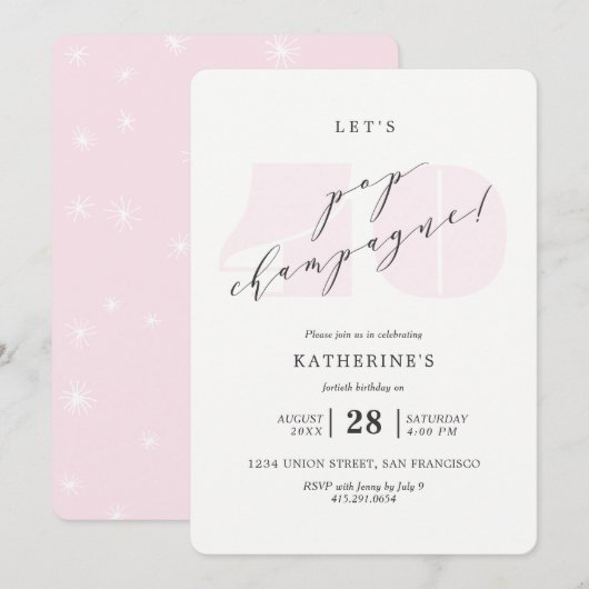 Blush Pink Champagne 40th Birthday Party Invite Kaart (Voorkant / Achterkant)