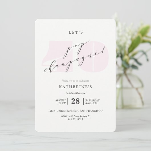 Blush Pink Champagne 40th Birthday Party Invite Kaart (Staand voorkant)