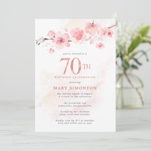 Blush Pink Cherry Blossom 70th Birthday Kaart (Staand voorkant)