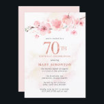 Blush Pink Cherry Blossom 70th Birthday Kaart<br><div class="desc">De zachtste bloesems van de wazige roze kersen rusten op een tak aan de bovenkant van deze moderne en minimalistische uitnodiging van de 70ste verjaardag van de Dag van de Aarde. Een nauwelijks roze waterverf was voegt een dimensie toe. De bleke grijze tekst is licht en luchtig. De uitnodiging achter...</div>