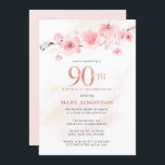 Blush Pink Cherry Blossom 90th Birthday Kaart<br><div class="desc">De zachtste zwarte roze bloesems rusten op een tak bovenaan deze moderne en minimalistische uitnodiging van de Birthday Party. Een nauwelijks roze waterverf was voegt een dimensie toe. De bleke grijze tekst is licht en luchtig. De uitnodiging achter is ook wazige roze. Het resultaat is een moderne botanische waterverf.</div>